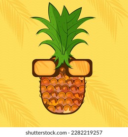 Funny pineapple in sunglasses against the background of tropical leaves. Tropical summer holiday concept.