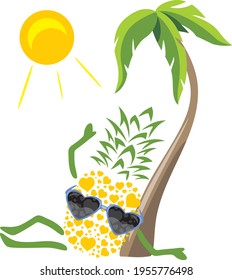 Funny pineapple in sunglasses sunbathing under a palm tree. Vector