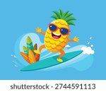 Funny Pineapple Surfer Mascot Riding Wave Summer Vacation Vector