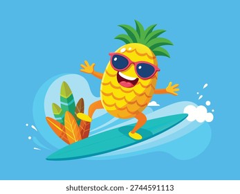 Funny Pineapple Surfer Mascot Riding Wave Summer Vacation Vector