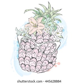 Funny pineapple in a wreath of flowers and glasses. Vector.