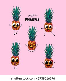 Funny pineapple yoga poses. Food character. Pineapple with big eyes, hands and legs. Front view doodle tropical fruit