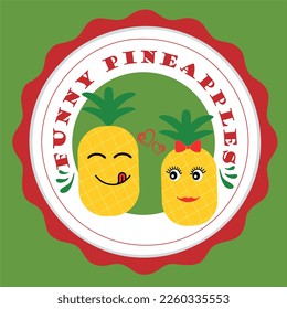 Funny Pineapples with eyes fell in love. Red hearts. Sticker. Vector illustration.