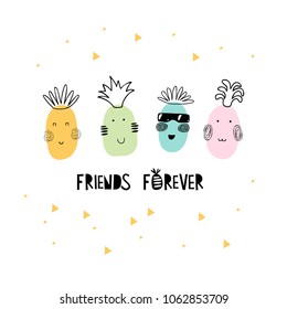 Funny pineapples. T-shirt graphics for kids vector illustration.