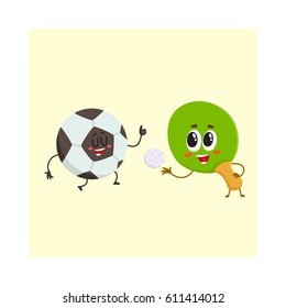 Funny ping pong, table tennis racket and football ball characters with human faces, sport games, cartoon vector illustration isolated on white background. Ping pong racket and football ball characters