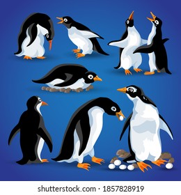 Funny Pinguine in verschiedenen Action Posen. Cartoon-Maskottchen isolieren. Pinguin-Vogel-Charakter, glücklicher Pinguin, Familie mit Eiern, Pinguin-Nest, Emotionen. Vektorgrafik