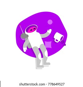 Funny Pink Alien Lost the Mug in th Space. Flat Cartoon.
