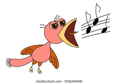 Funny pink bird sings a song. Cartoon character isolated on white background has a black outline. Colorful bird with notes. Flat design vector.