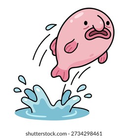Funny pink blobfish jumping out of water vector illustration. Cute deep sea creature character making splash. Ugly animal mascot in kawaii style isolated on white background art.