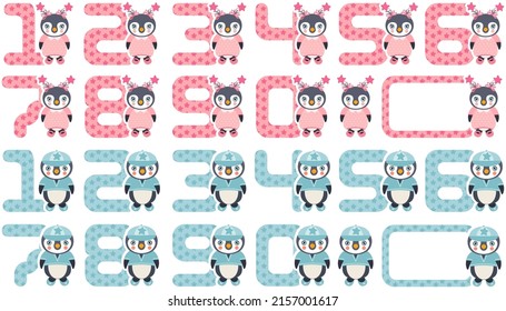 Funny pink and blue different numbers set of penguin

