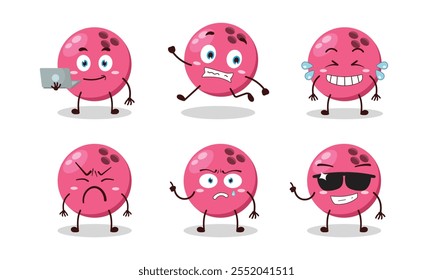 funny pink bowling ball cartoon character with many pose activity design illustration