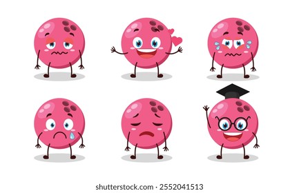 funny pink bowling ball cartoon character with different pose activity design illustration