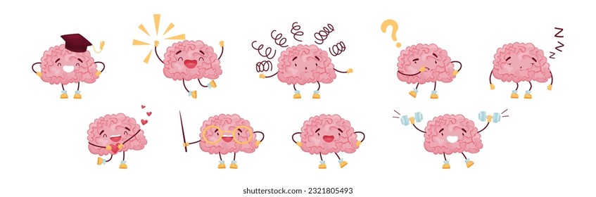 Funny Pink Brain with Arms and Legs Vector Set