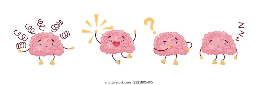 Funny Pink Brain with Arms and Legs Vector Set