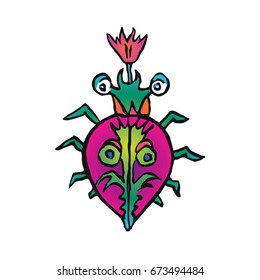 Funny pink bug, hand drawn doodle color sketch in pop art style, vector illustration, top view