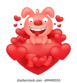 Funny pink bunny cartoon character sitting on heart. Vector illustration