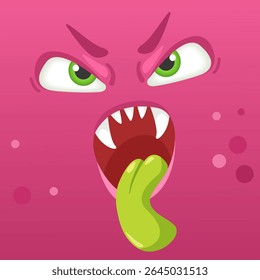 Funny pink cartoon monster sporting an angry expression, displaying a vibrant green tongue and sharp teeth, perfect for children s designs and playful illustrations
