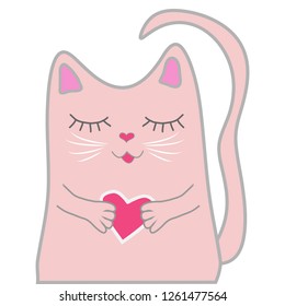 Funny pink cat closed his eyes and holds a heart in his paws. Cute girl concept
