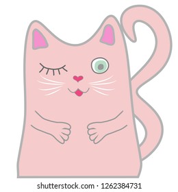 Funny pink cat closed his eyes and holds a heart in his paws. Cute girl concept
