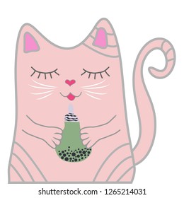 Funny pink cat closed his eyes and holds a drink in his paws. Cute girl concept.