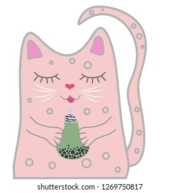 Funny pink cat closed his eyes and holds a drink in his paws. Cute girl concept.