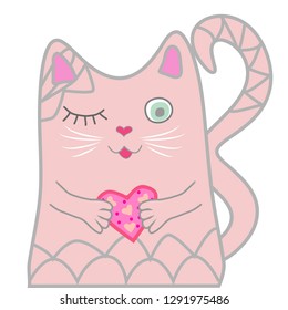 Funny pink cat closed his eyes and holds a heart in his paws. Cute girl concept