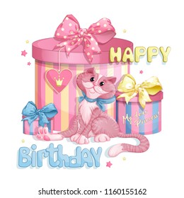 Funny pink cat with large and small gift boxes decorated with beautiful bows, birthday greeting, medallion with crown, asterisks. Vector elements for decorating postcards or invitations to a holiday.