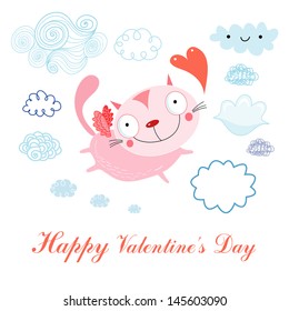 funny pink cat lover in flight against the sky with clouds