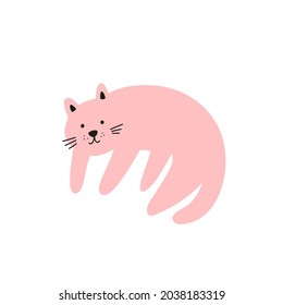 Funny pink cat is lying. Adorable sweet kitty pet. Flat vector illustration isolated on white background.