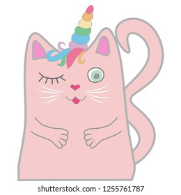 Funny pink cat unicorn closed his eyes and holds a heart in his paws. Concept of miracles and magic.
