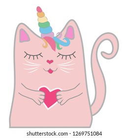 Funny pink cat unicorn closed his eyes and holds a heart in his paws. Concept of miracles and magic