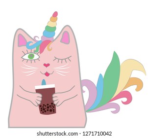 Funny pink cat unicorn closed his eyes and holds a drink in his paws. Concept of miracles and magic
