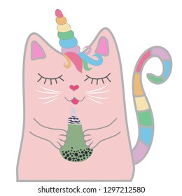 Funny pink cat unicorn closed his eyes and holds a drink in his paws. Concept of miracles and magic.