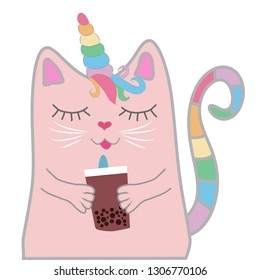 Funny pink cat unicorn closed his eyes and holds a drink in his paws. Concept of miracles and magic.