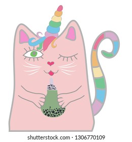 Funny pink cat unicorn closed his eyes and holds a drink in his paws. Concept of miracles and magic.