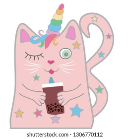 Funny pink cat unicorn closed his eyes and holds a drink in his paws. Concept of miracles and magic.