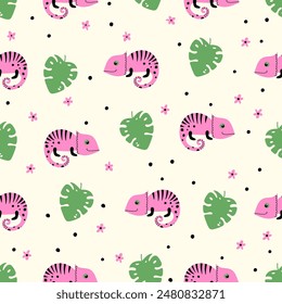 Funny pink chameleons seamless pattern with with monstera leaves and flowers on a light background. Cartoon tropical lizard vector illustration. Use for textile, fabric, wallpaper and other surface 