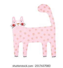 Funny Pink Cheetah. Wild Cat. Cute Infantile Style Nursery Vector Art with Pink Hand Drawn Leopard on a White Background. Leopard with Dotted Skin. Print with Safari Animal. Kids' Room Decoration.RGB.