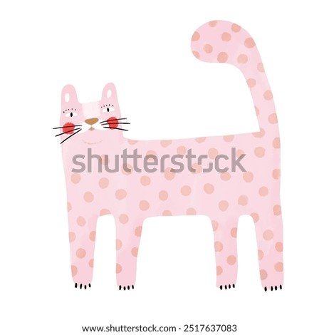 Funny Pink Cheetah. Wild Cat. Cute Infantile Style Nursery Vector Art with Pink Hand Drawn Leopard on a White Background. Leopard with Dotted Skin. Print with Safari Animal. Kids' Room Decoration.RGB.