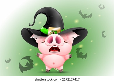 Funny pink conjuring cartoon witch pig with magic lights and flying bats