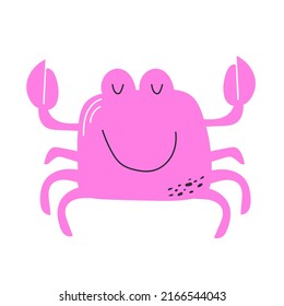 Funny pink crab. Cute children drawing. Flat cartoon illustration on white