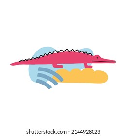 Funny pink crocodile with yellow and blue freeform objects on white background. Vector illustration for childish card, poster, decoration
