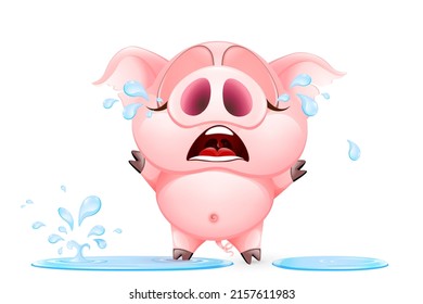 Funny pink crying cartoon baby pig girl standing in a pool of her tears. Isolated
