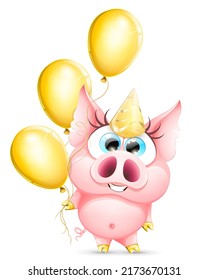 Funny pink cute cartoon girl pig with gold hooves, birthday cap and balloons