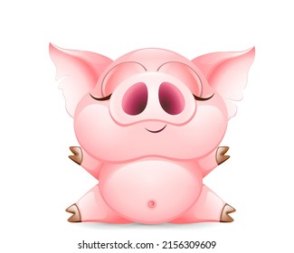 Funny pink cute cartoon pig girl sits on a twine and enjoys