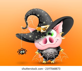 Funny pink cute cartoon pig in a shining witch costume with a spider hanging on a hat and with a web skirt