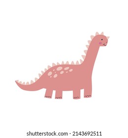 Funny pink dinosaur isolated on white bacground. Cartoon cute character vector illustration