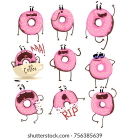 Funny pink donut cartoon character set, cute doughnut with different emotions vector Illustrations