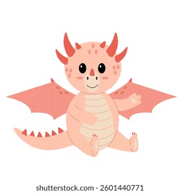 A funny pink dragon sitting and waving with one leg. Vector illustration