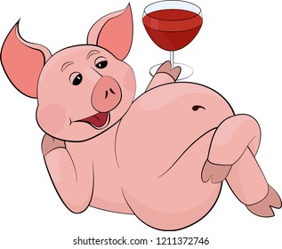 funny pink drinking lying down, red juice or wine in a glass goblet